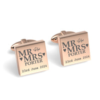 Mr Mrs Last Name Love Heart with Date Engraved Wedding Cufflinks