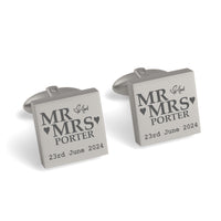 Mr Mrs Last Name Love Heart with Date Engraved Wedding Cufflinks