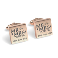 Mr Mrs Last Name Love Heart with Date Engraved Wedding Cufflinks