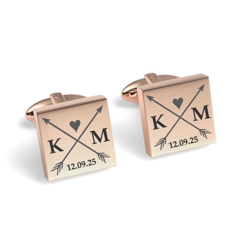 Crossed Arrows with Love Heart, Initials and Date Engraved Cufflinks