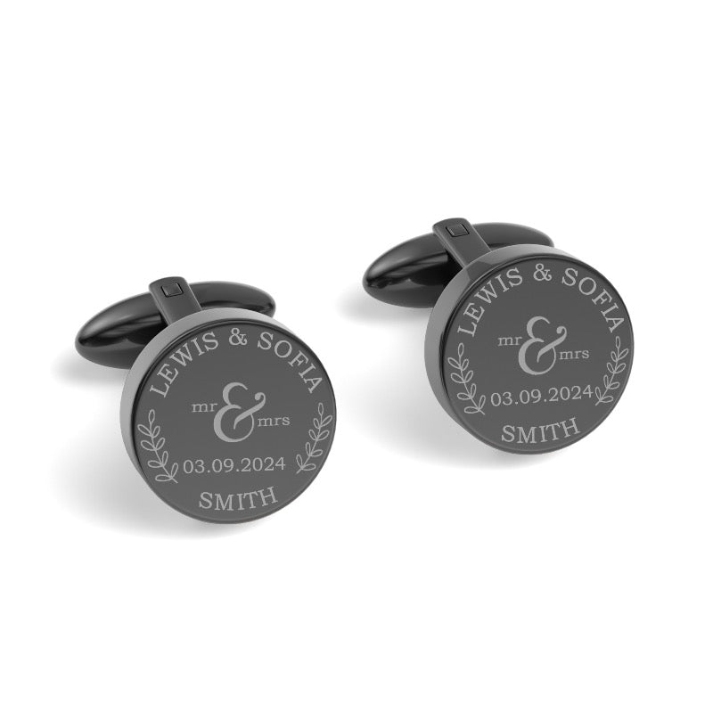 Mr + Mrs Name and Date Engraved Cufflinks