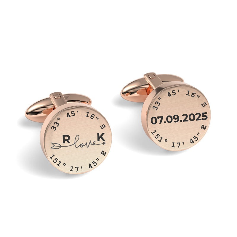 Latitude, Longitude, Initials & Date Round Engraved Cufflinks