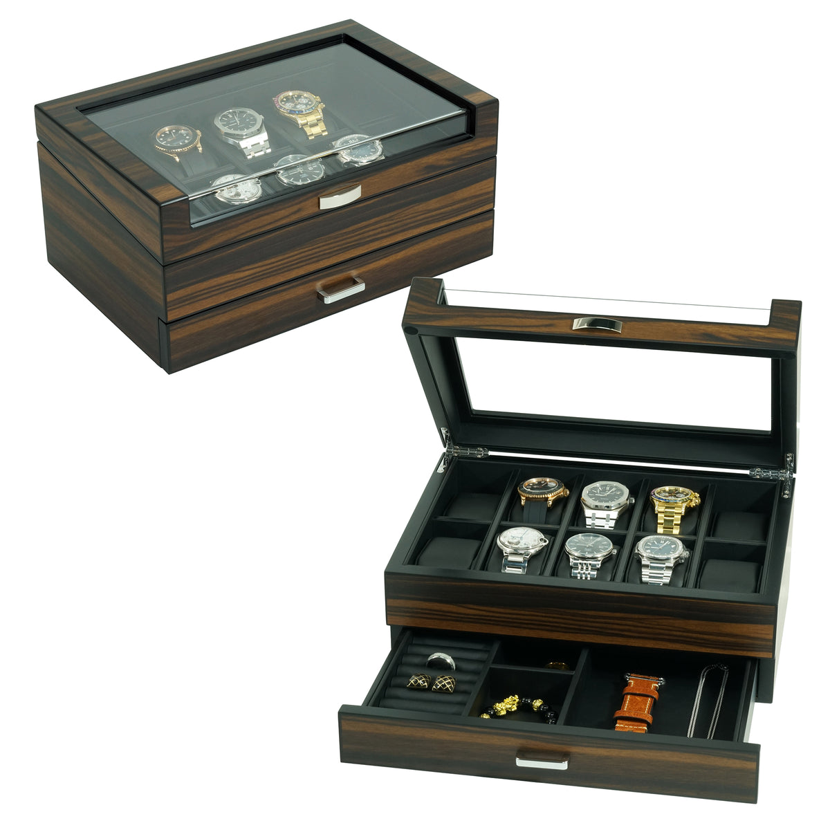 Caja para relojes de 12 compartimentos en madera de ébano con cajón