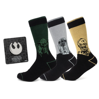 Set de Regalo Star Wars Yoda, R2-D2 y C-3PO Calcetines de Vestir Pack de 3 con Pin de Solapa Emblema Rebelde