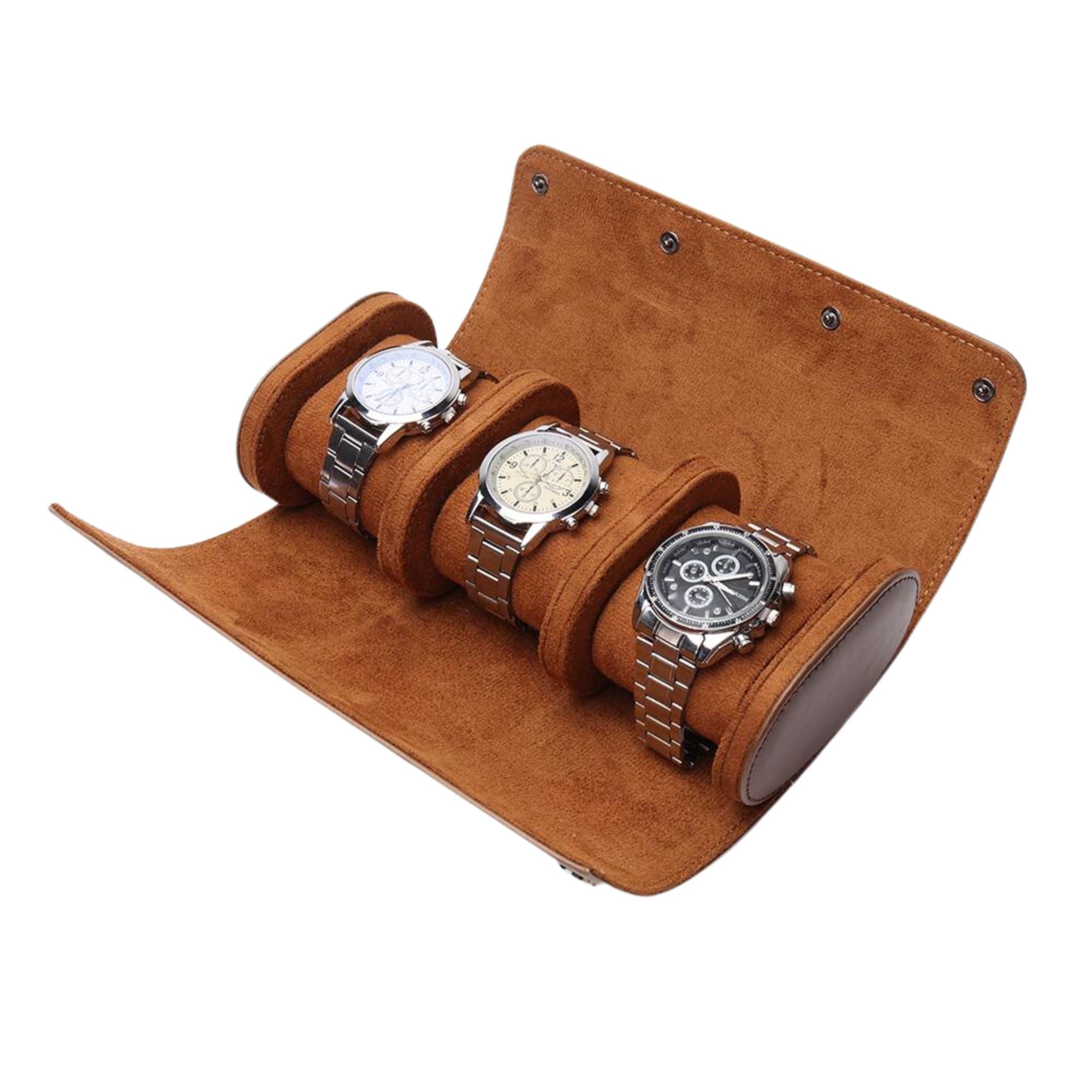 Watch Roll Case for 3 in Brown Vegan Leather Watch Boxes Clinks 