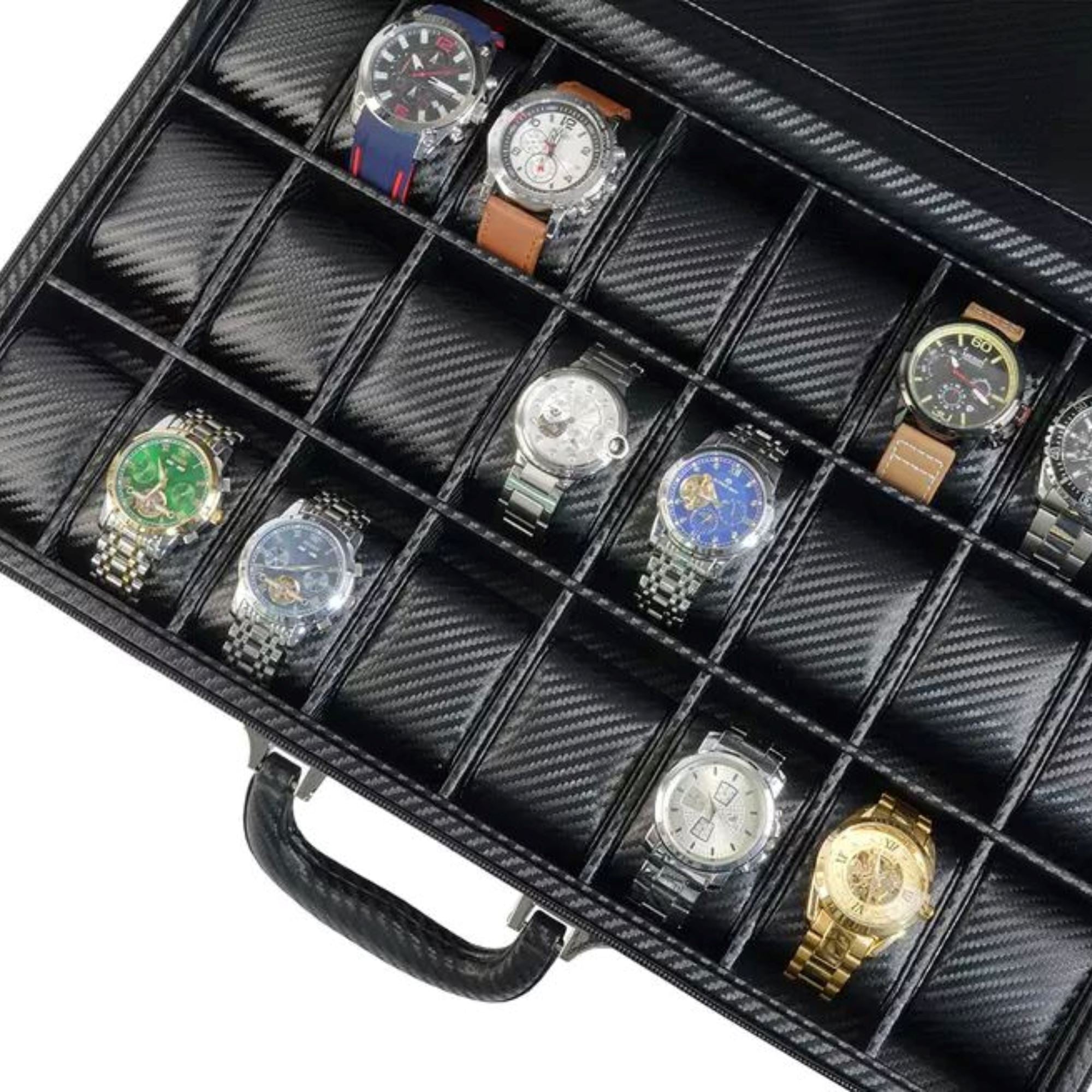 24 Slots Black Leather Watch Storage Case Watch Boxes Clinks 