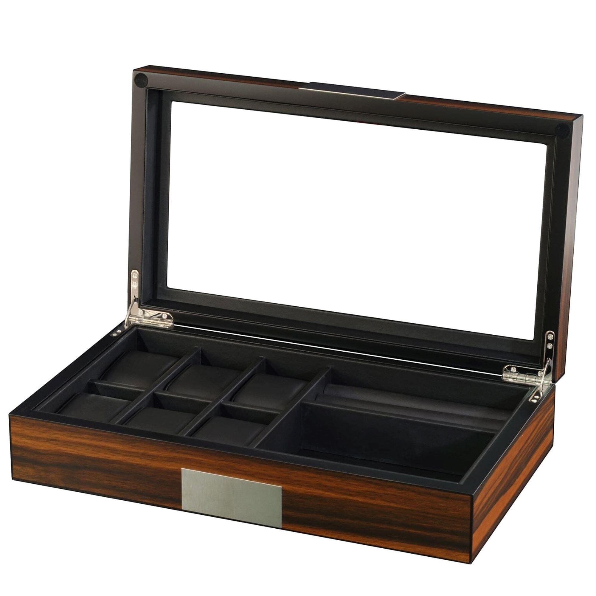 6 Slots Watch Box with Cufflinks and Sunglasses Storage in Ebony Wood Watch Boxes Clinks 