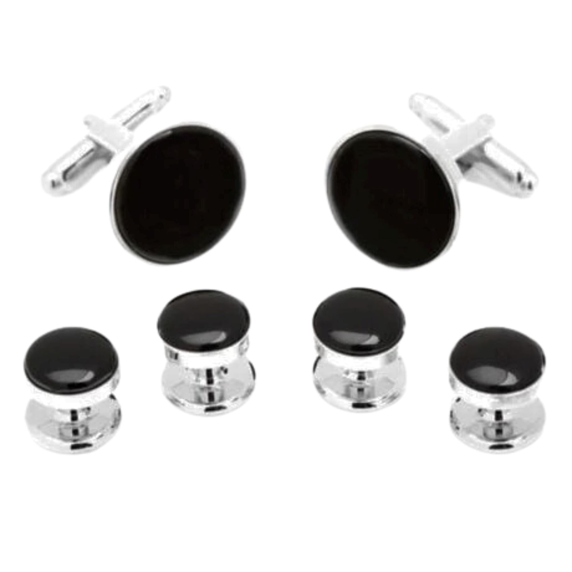 Silver Round Onyx Cufflinks and Stud Set Stud Sets Clinks Australia 