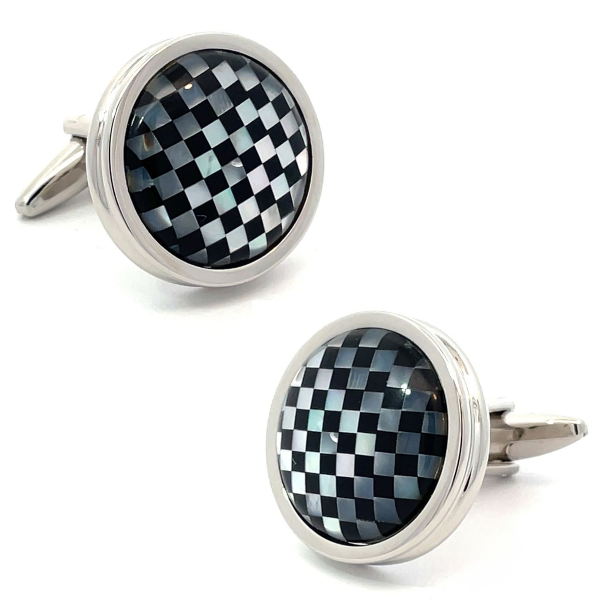 Mother of Pearl and Black Checkerboard in Round Silver Cufflinks