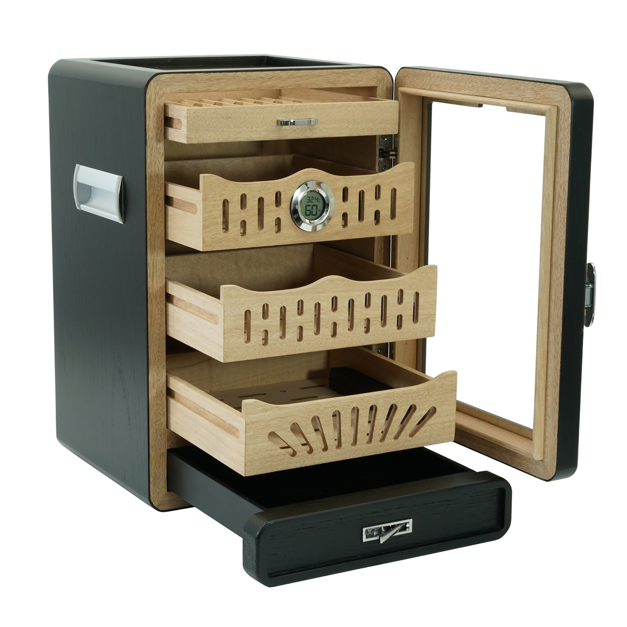 200 CT Black Wooden with Glass Top Cabinet for Cigars