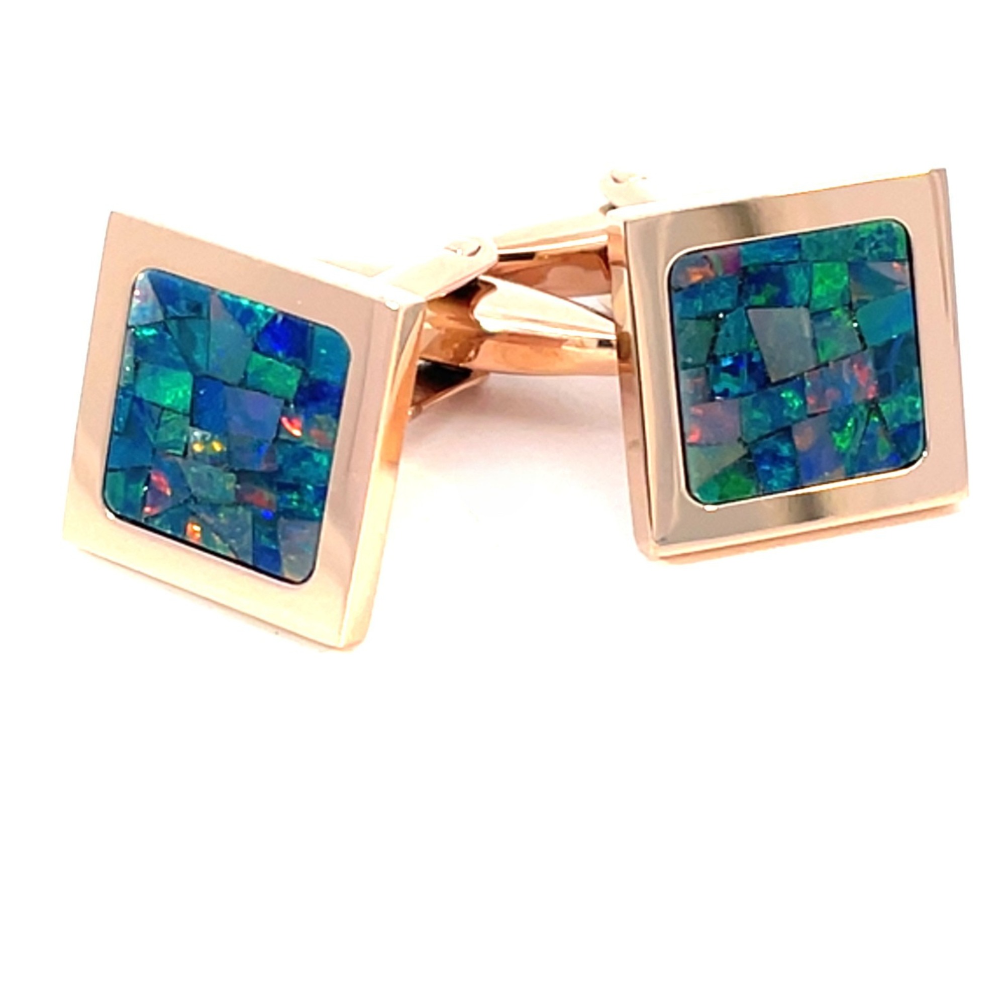 Australian Square Opal Cufflinks  (Green Shiny Rose Gold)