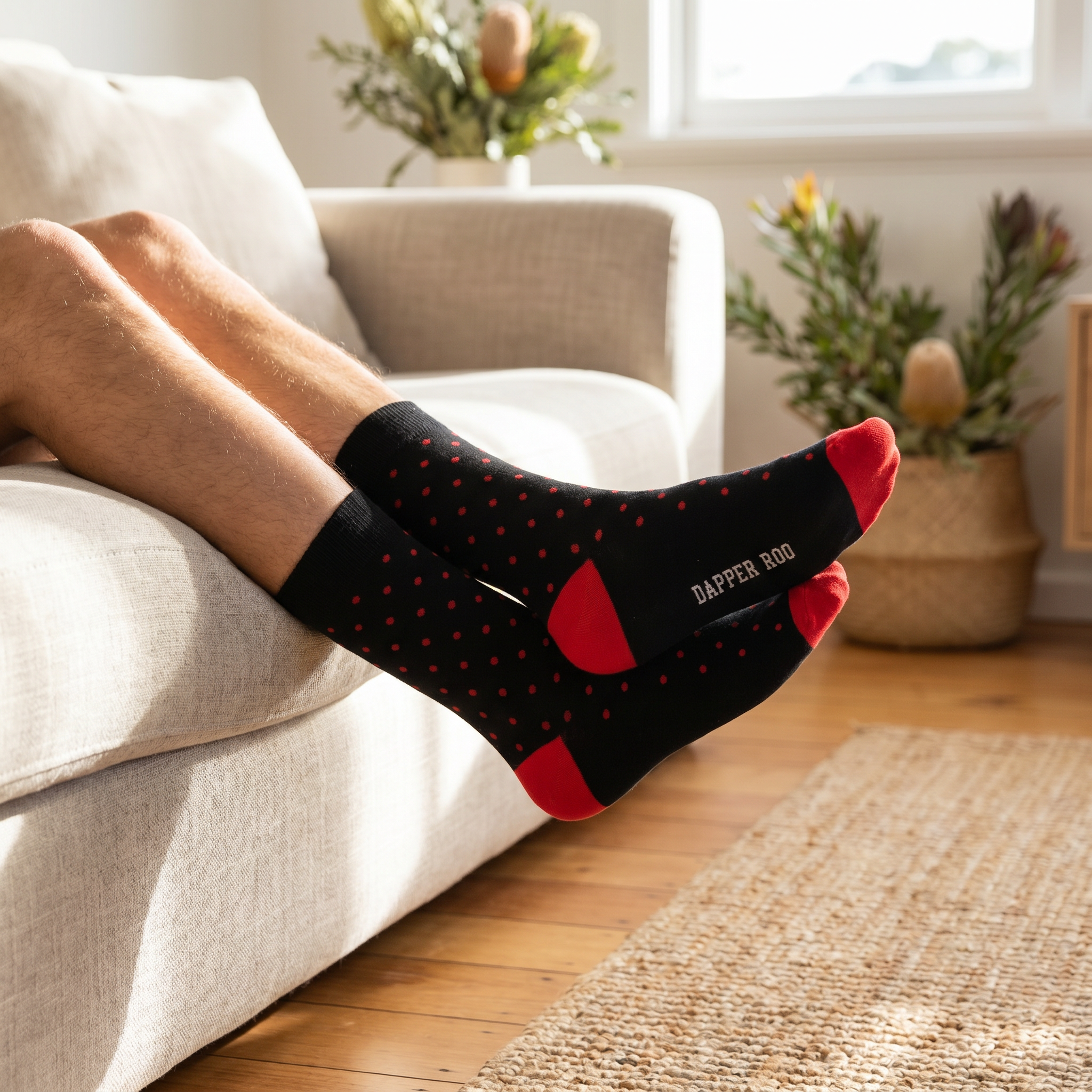 Spotted Red Dot Black Bamboo Socks by Dapper Roo lifestyle image