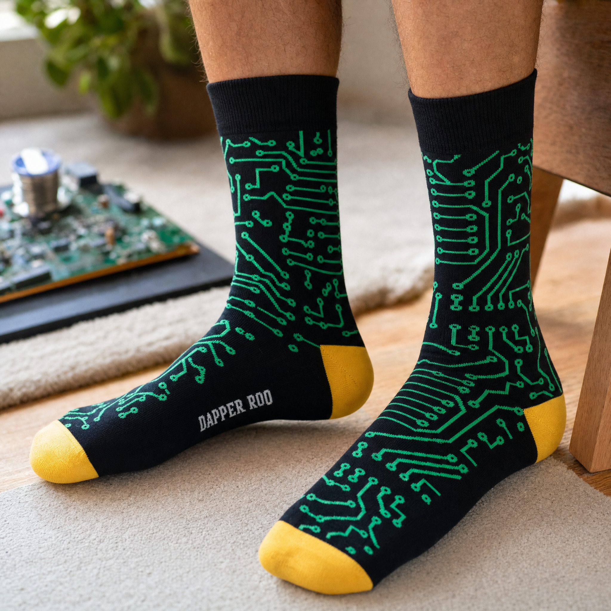 Tech Nerd Circuit Board Bamboo Socks by Dapper Roo lifestyle image