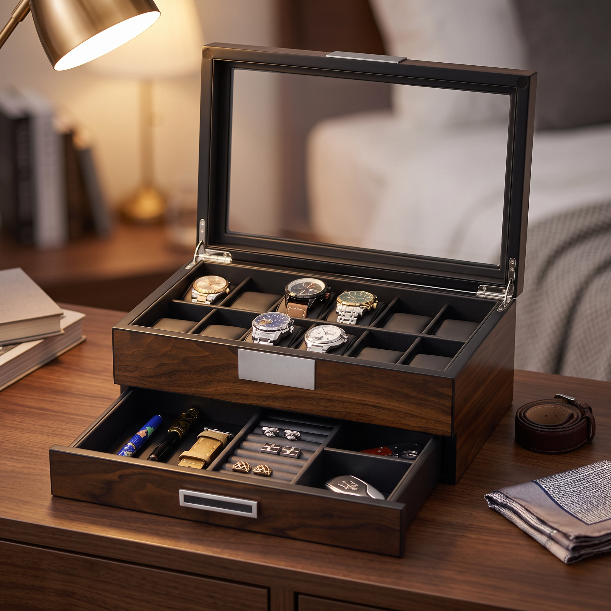 12 Slot Ebony Wood Watch Box with Drawer — lifestyle shot