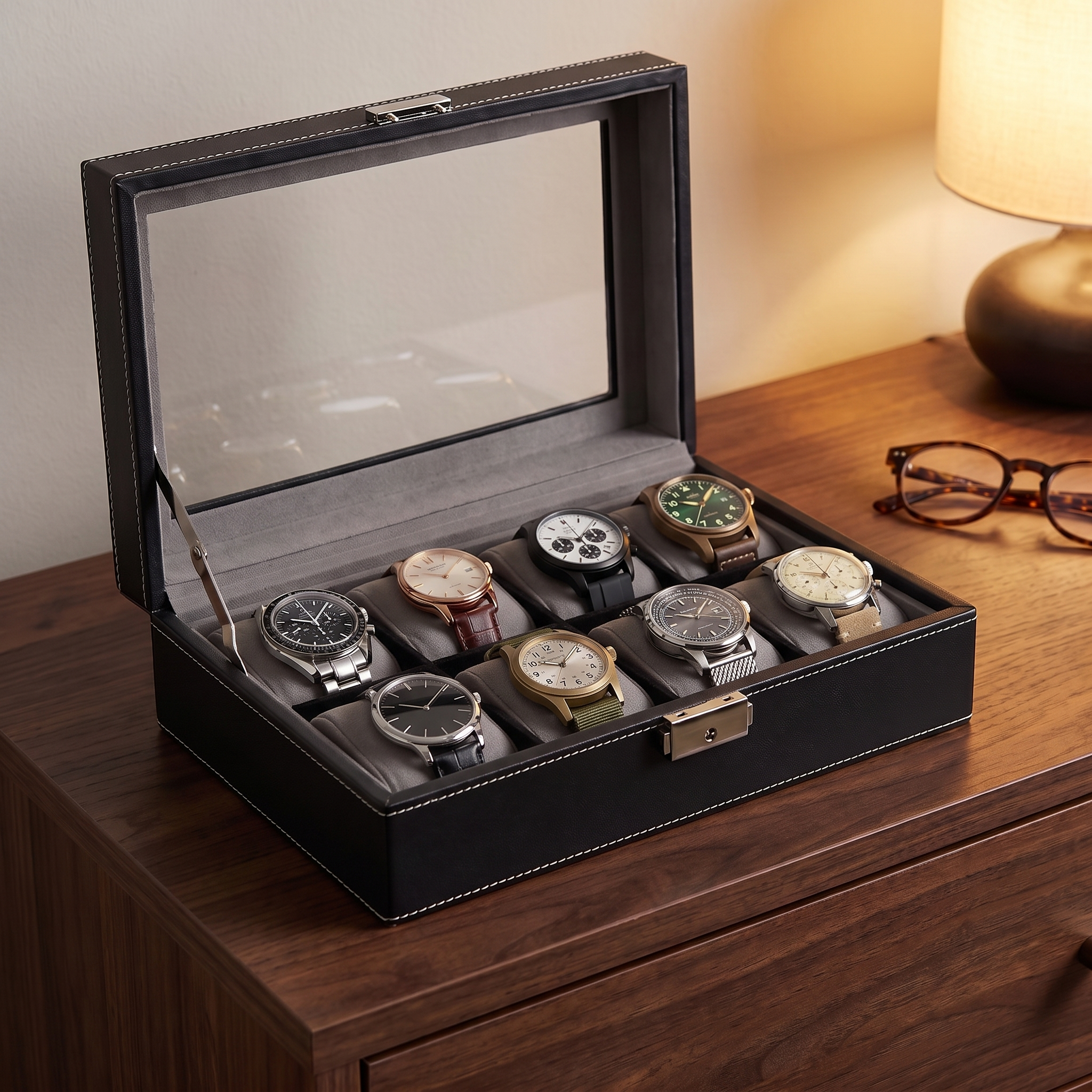 Black Leather Watch Box for 8 Watches — lifestyle shot