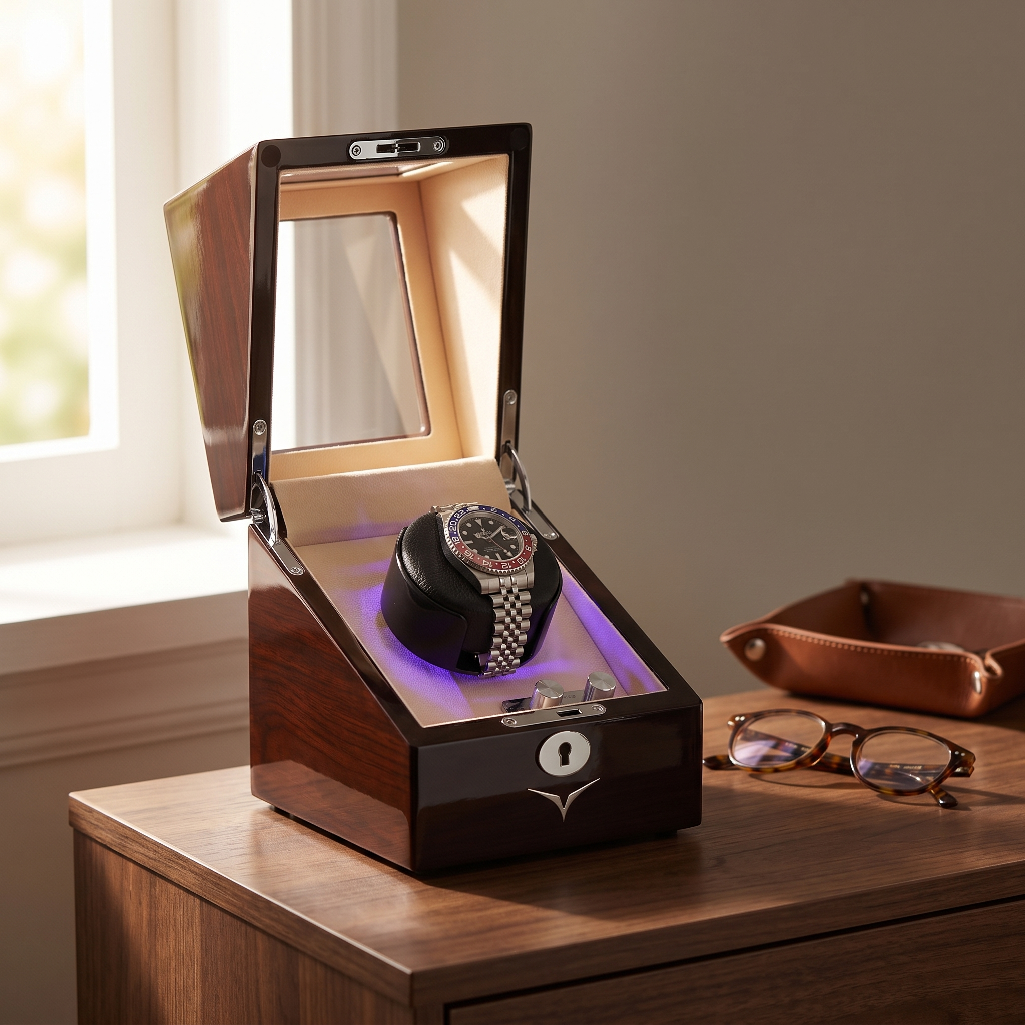 Waratah Watch Winder Box for 1 Watch in Mahogany — lifestyle shot