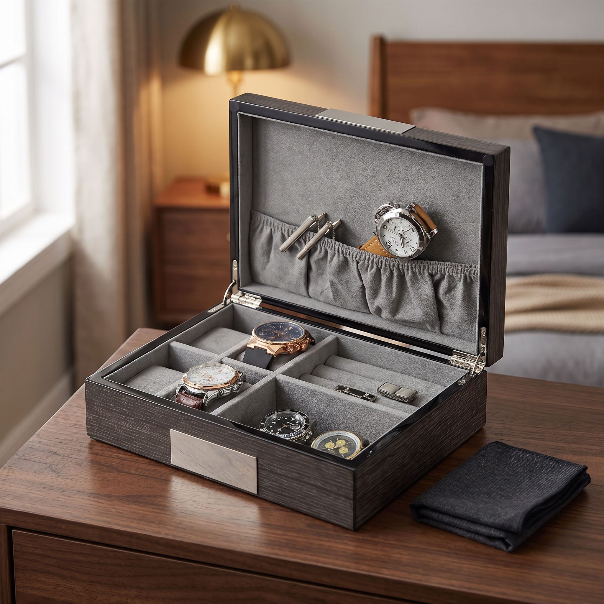 Wenge Wood Watch and Cufflink Box — lifestyle shot