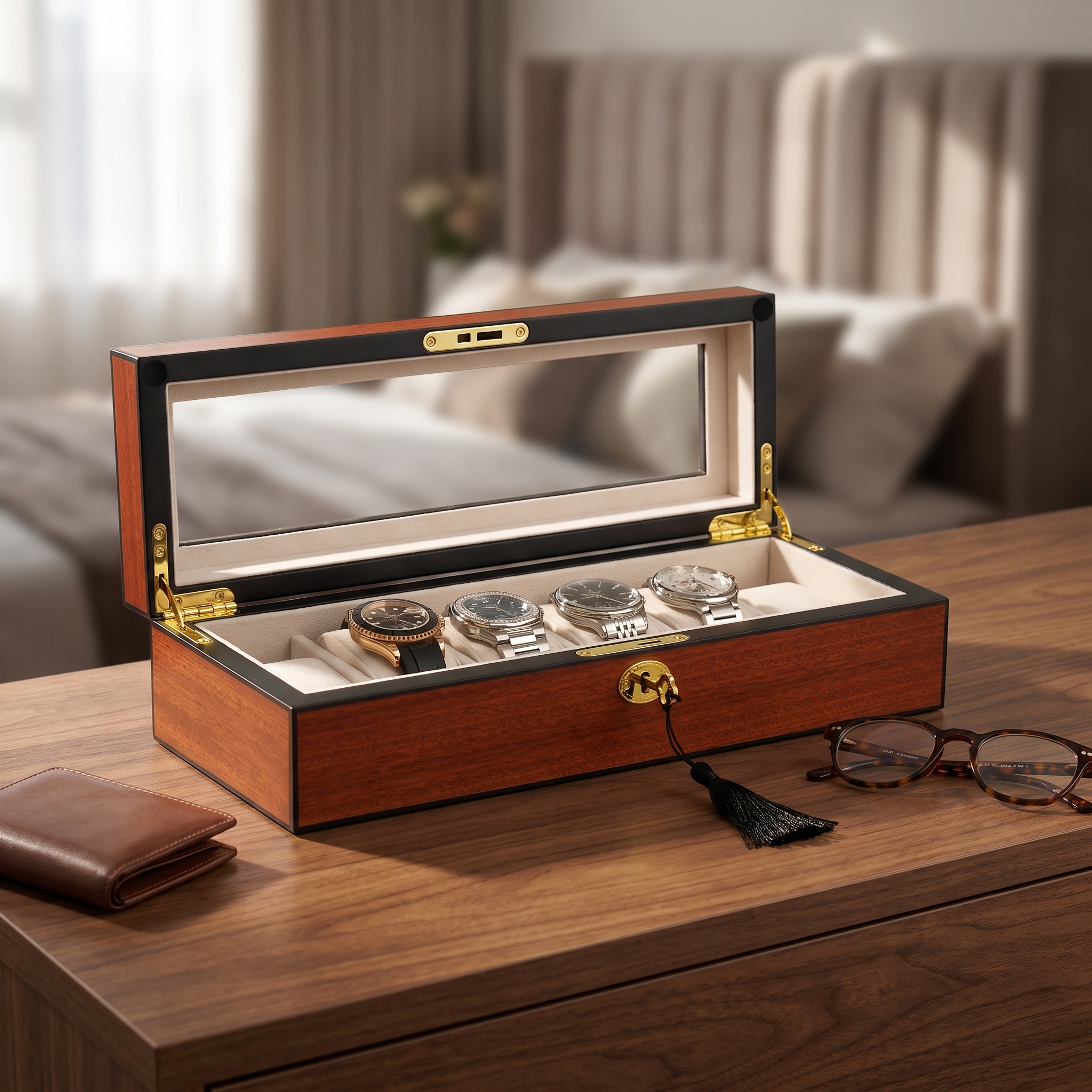 6 Slots Wooden Watch Box With Glass Window — lifestyle shot