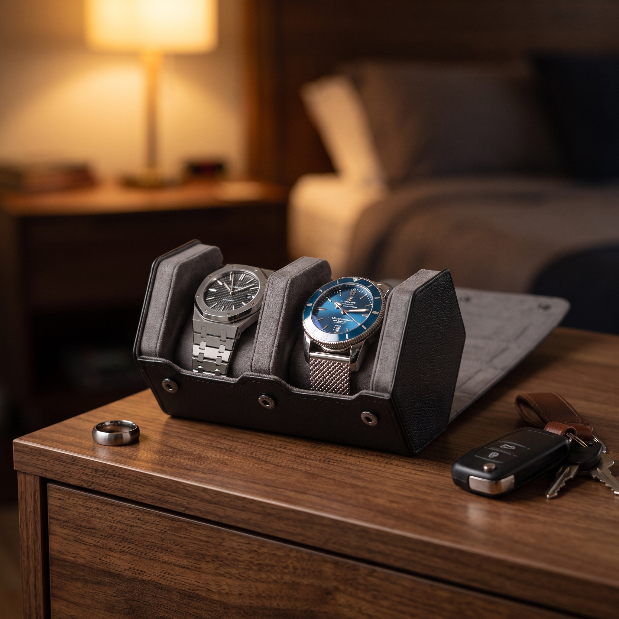 Hex Leather Watch Roll 2 Slots in Black/Charcoal — lifestyle shot