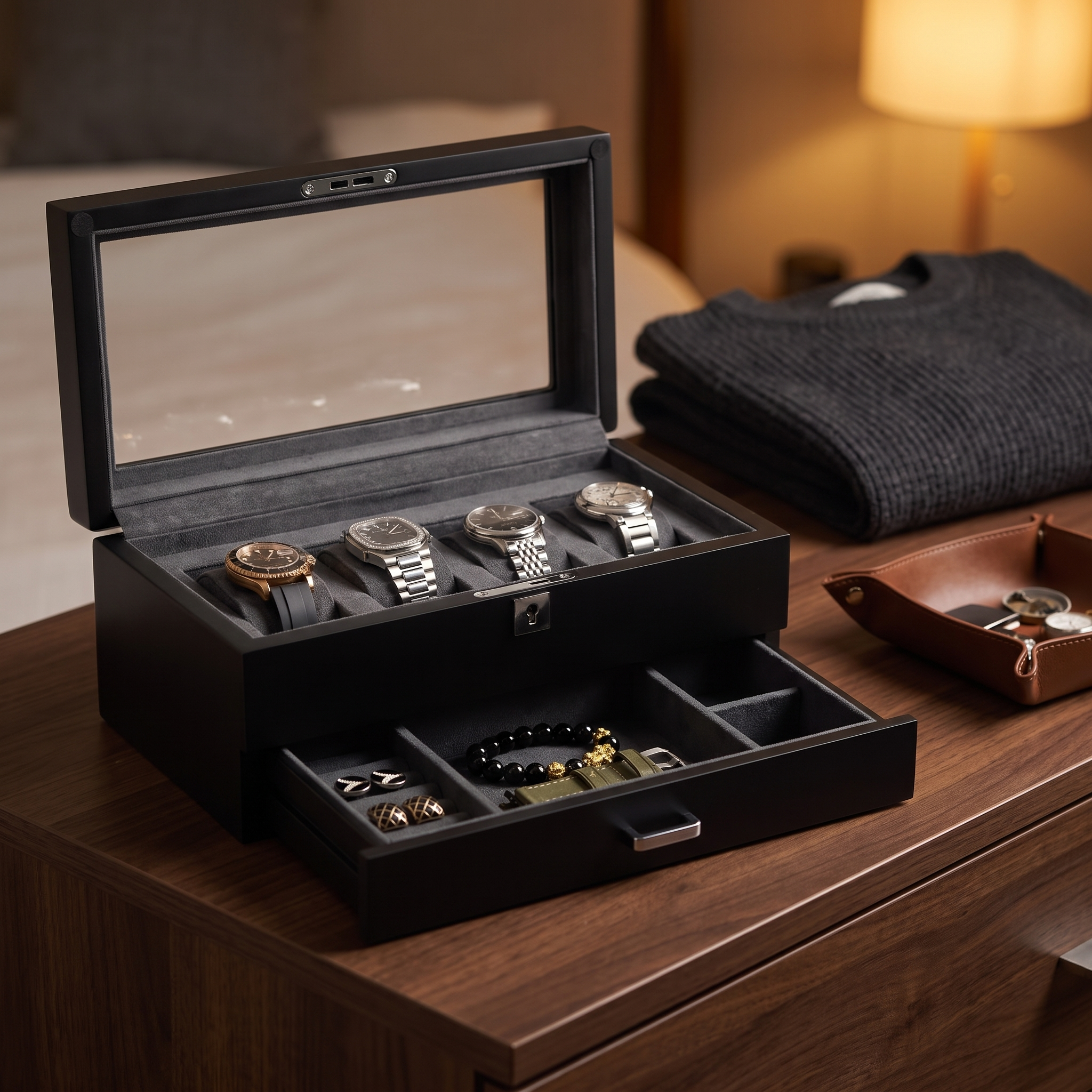 4 Slots Wooden Watch Box with Charcoal Interior and Drawer — lifestyle shot