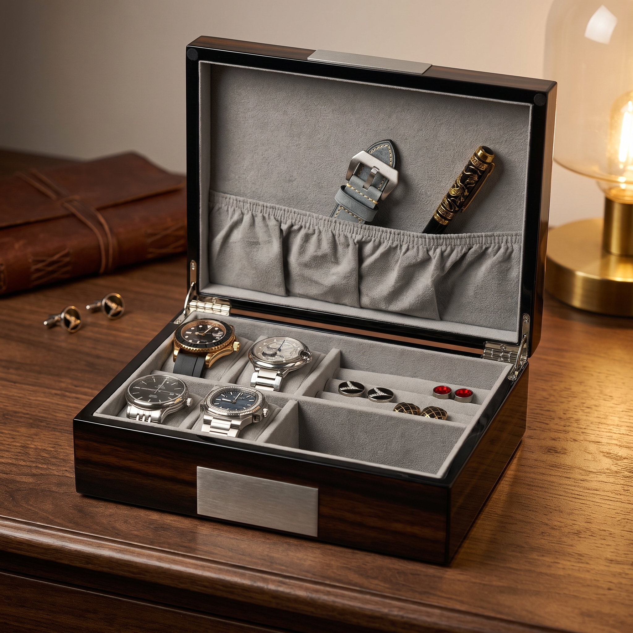 Ebony Wooden Cufflink Watch Box — lifestyle shot