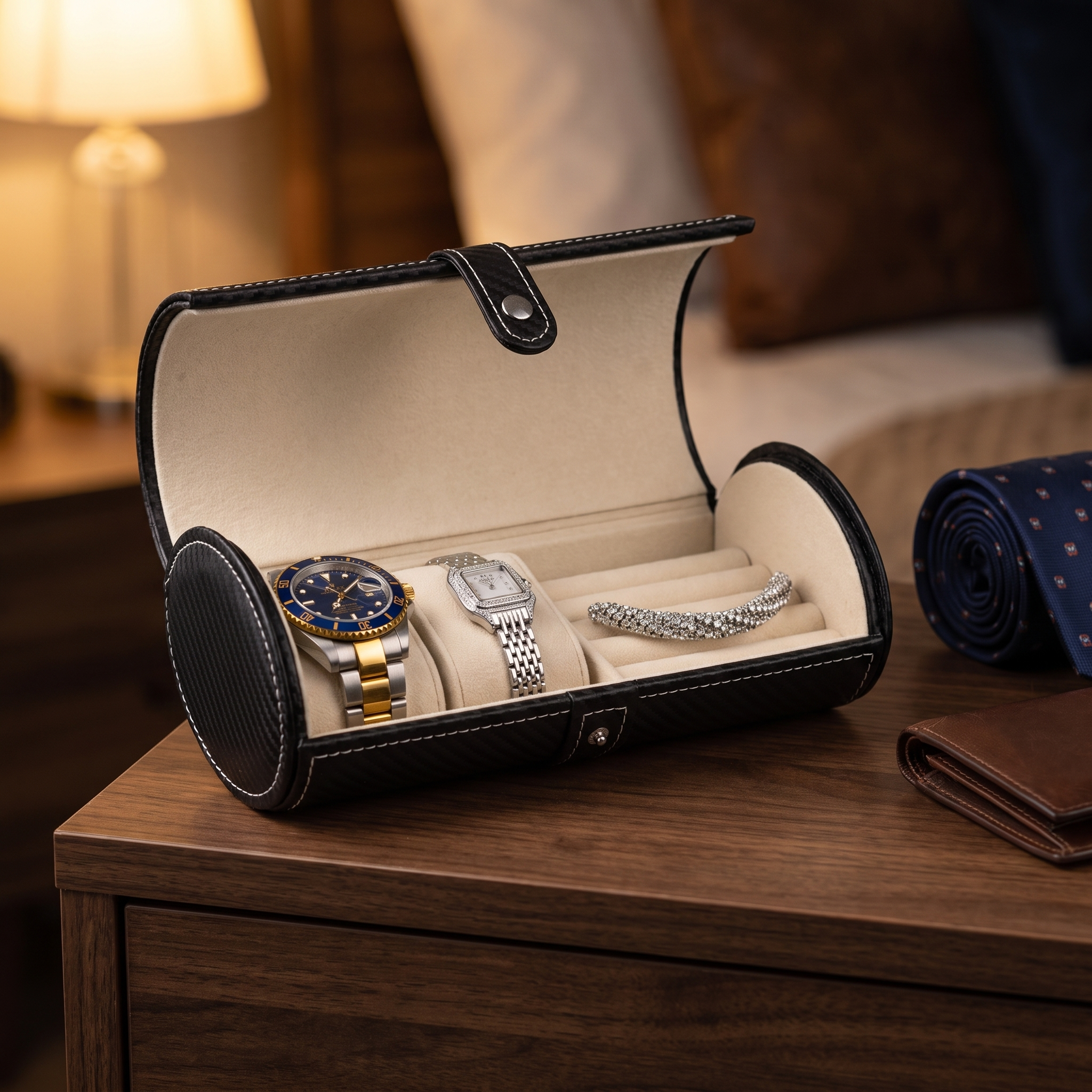 Cufflinks and Watch Roll Case in Black Carbon Fibre Vegan Leather — lifestyle shot