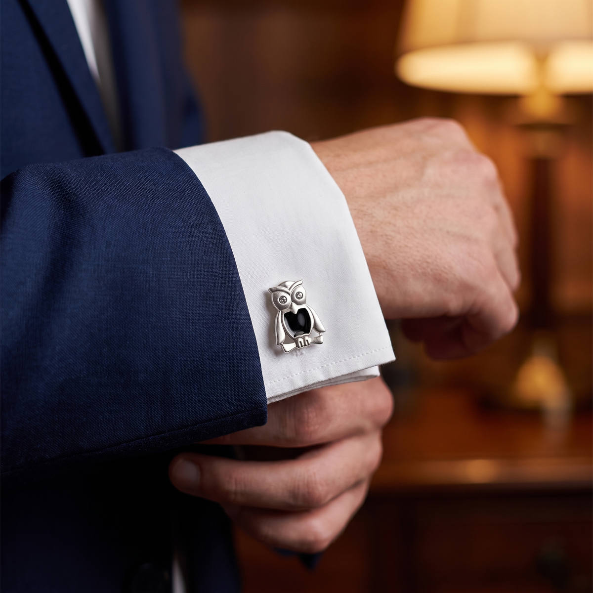 The Wise Old Owl Cufflinks — lifestyle shot