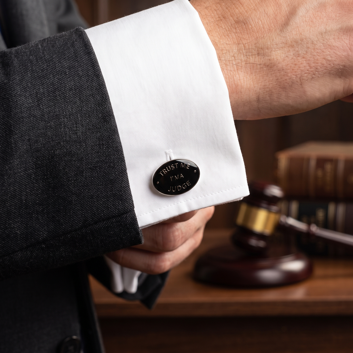 Trust Me I'm a Judge Cufflinks — lifestyle shot