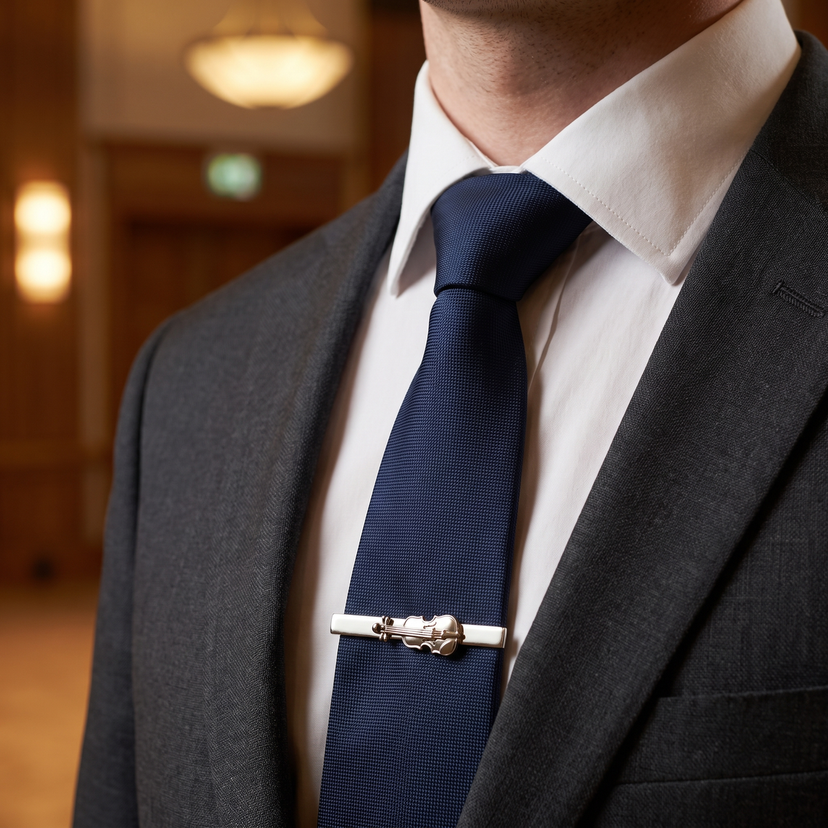 Violin Silver Tie Clip — lifestyle shot