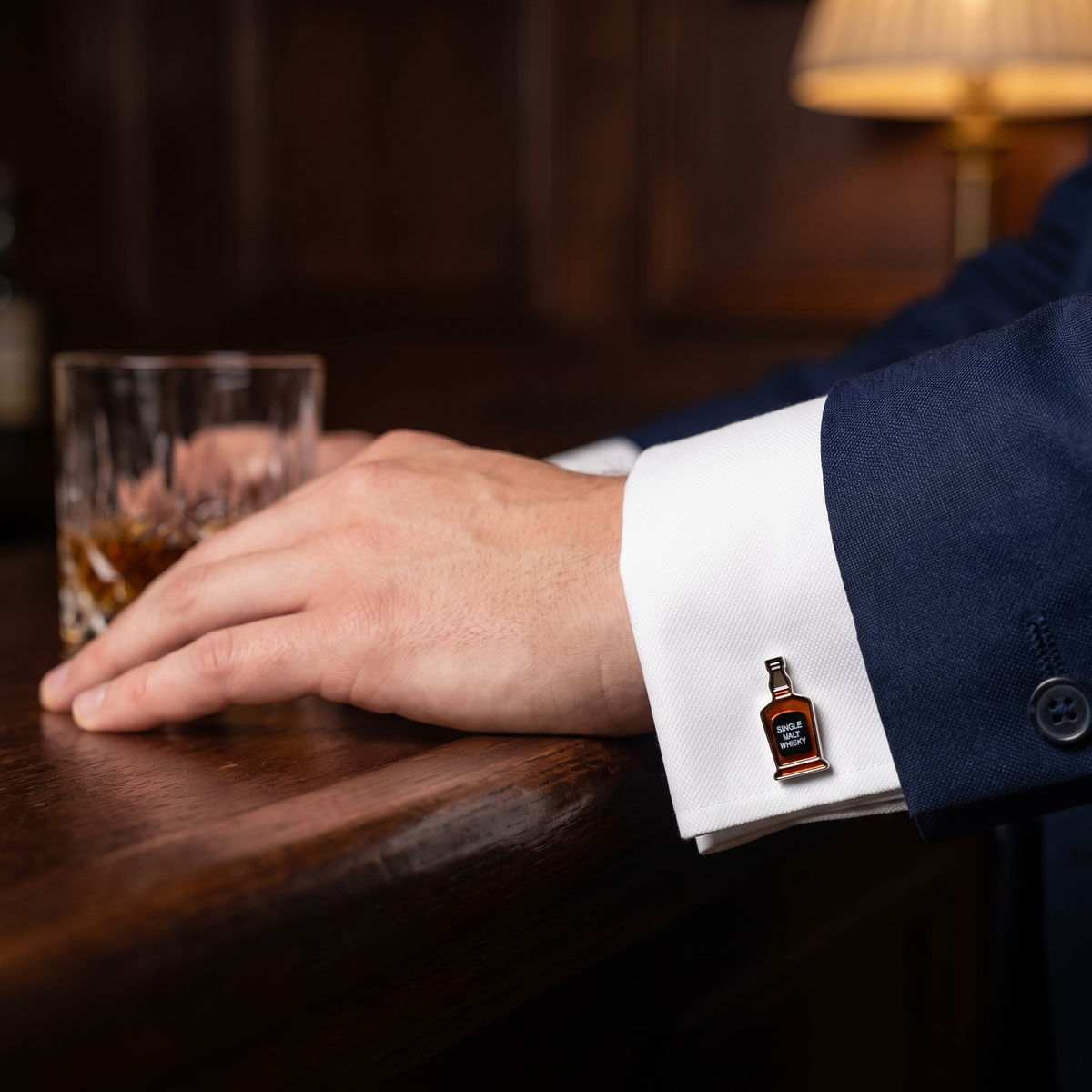 Whisky Tumbler & Whisky Bottle Cufflinks — lifestyle shot
