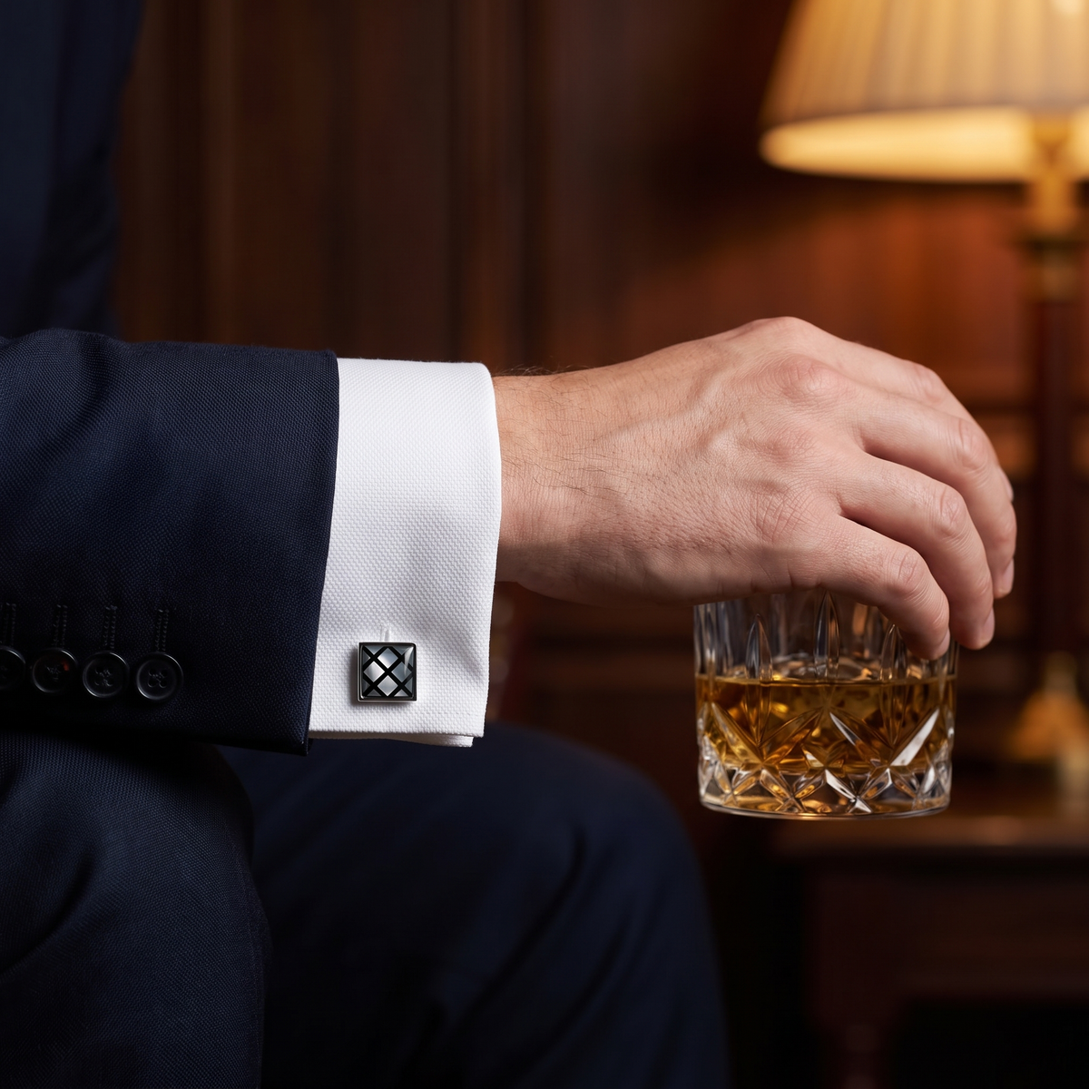 Black Crisscross on Mother of Pearl Cufflinks — lifestyle shot