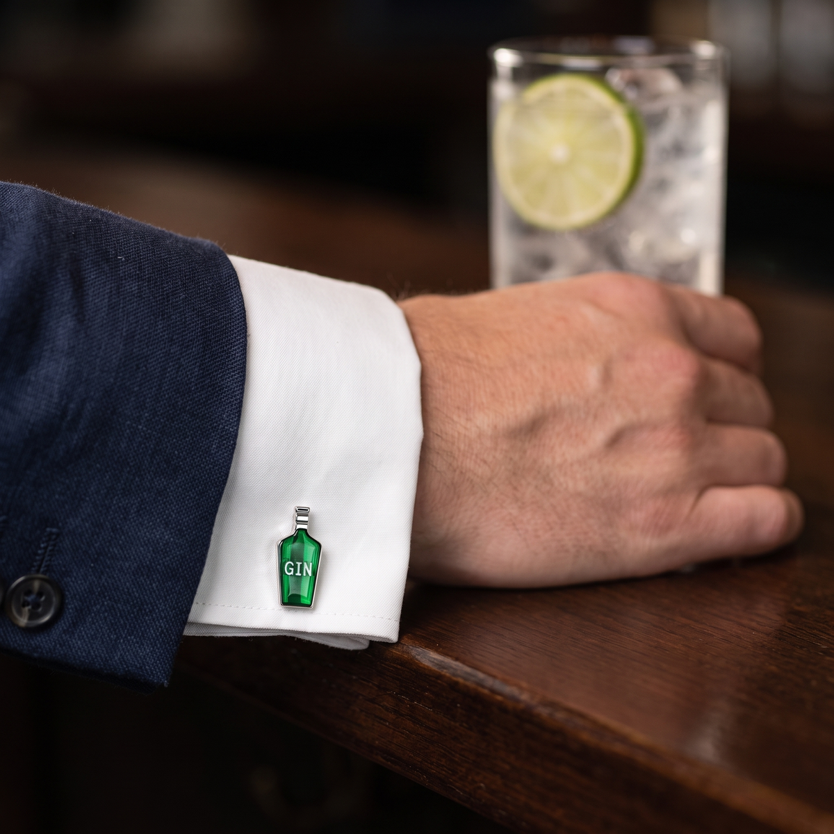 Gin Bottle Cufflinks — lifestyle shot