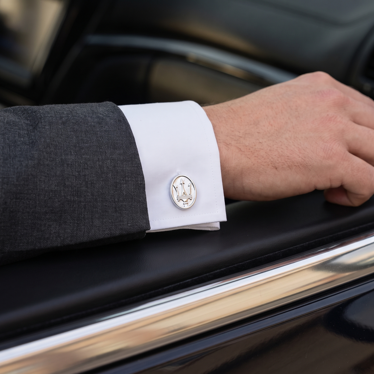 Silver Maserati Cufflinks — lifestyle shot