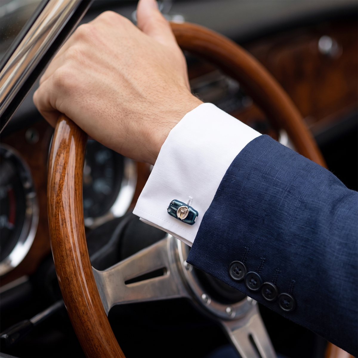 Blue Car Cufflinks — lifestyle shot