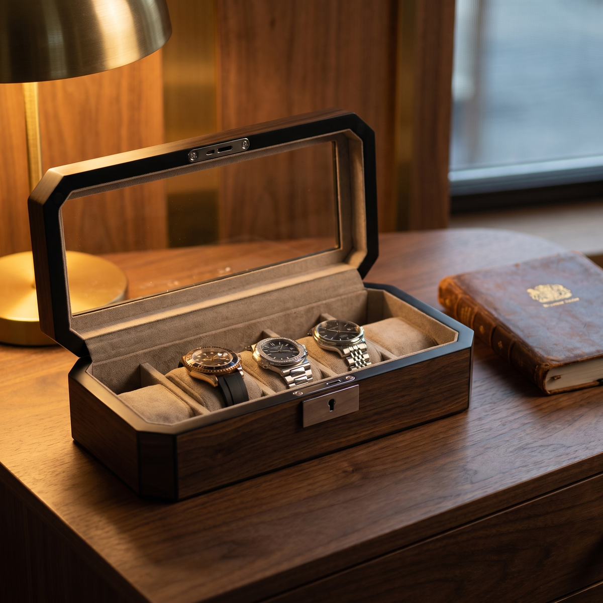 5 Slots Octagon Walnut Wooden Watch Box — lifestyle shot