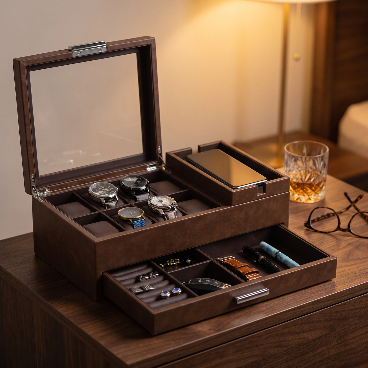 8 Slots Watch Box with Valet and Drawer in Brown — lifestyle shot