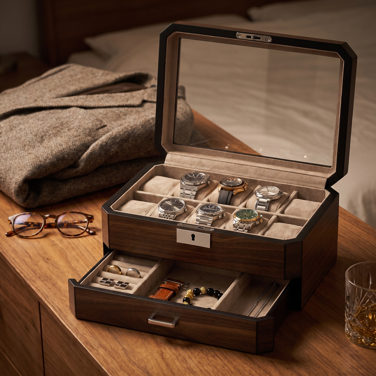 10 Slots Octagon Walnut Wooden Watch Box with Drawer — lifestyle shot