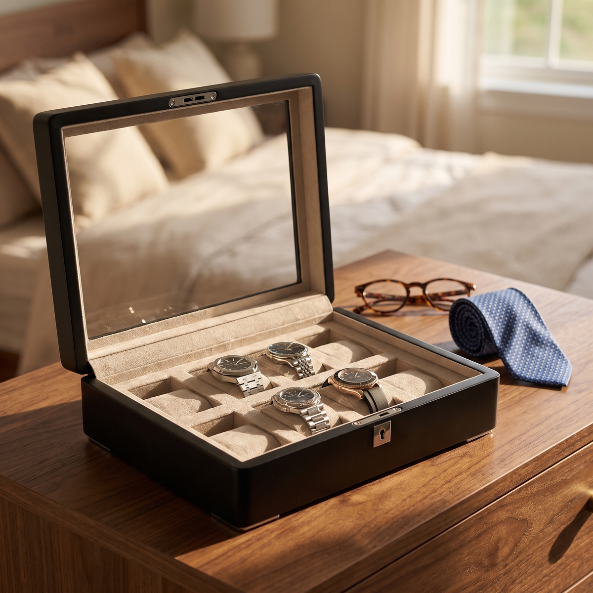 8 Slot Black Wooden Watch Box with Cream Interior — lifestyle shot