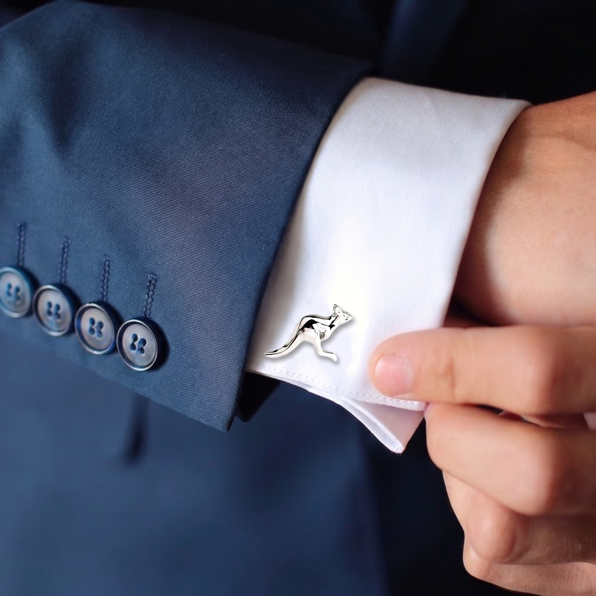 Australian Silver Kangaroo Cufflinks worn on cuff
