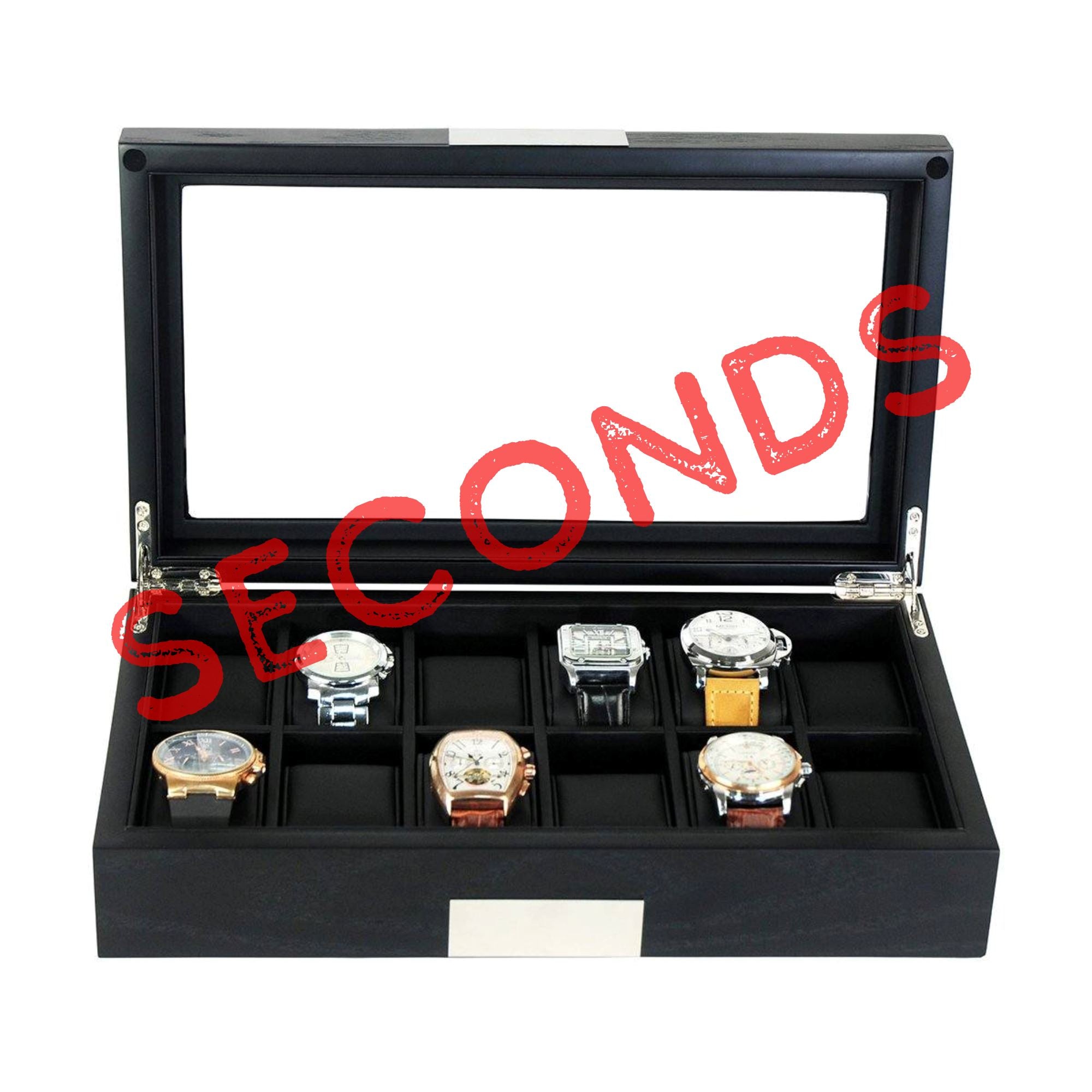 Seconds - 12 Slots Black Wooden Watch Box (a) Seconds Clinks 