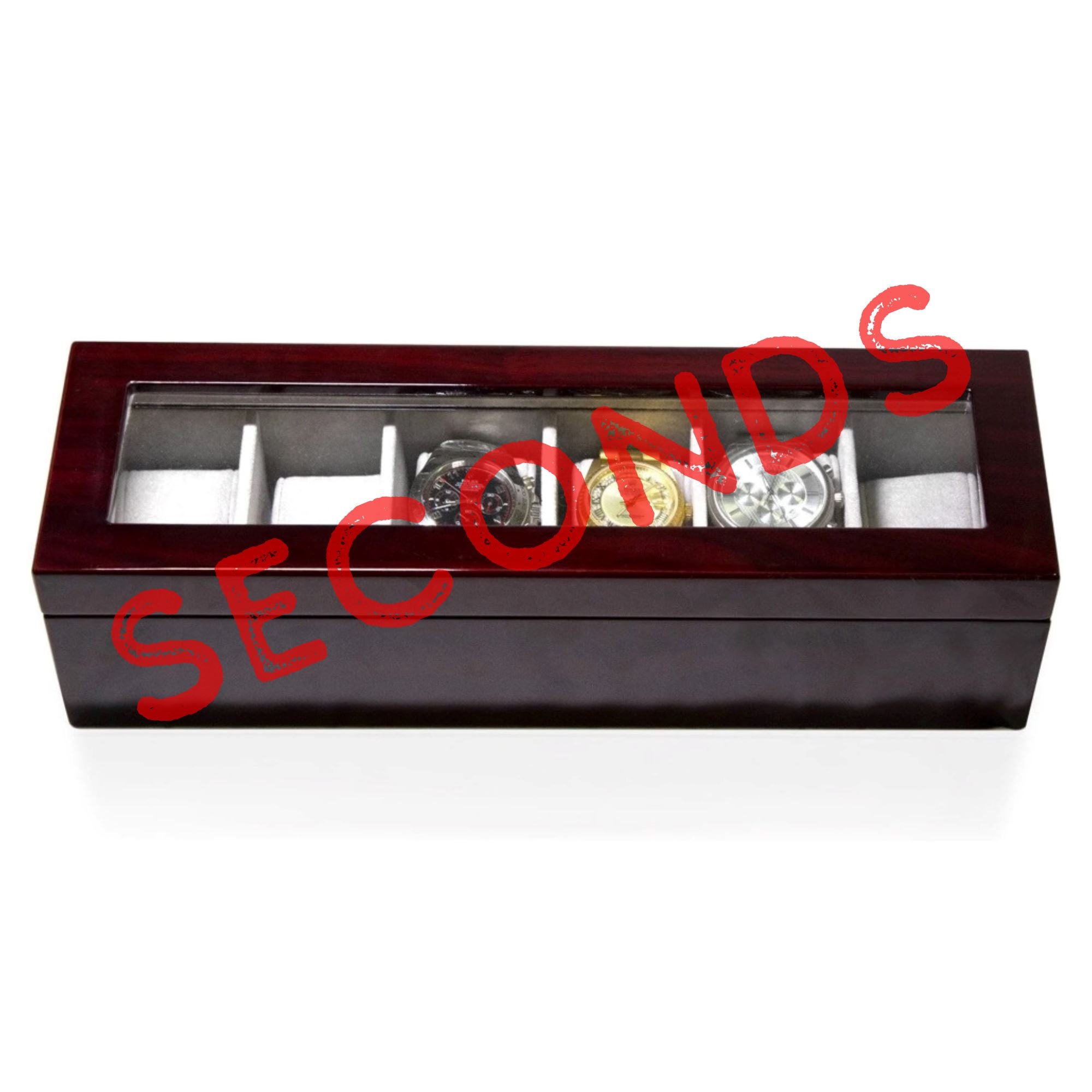 Seconds - Long Watch Box with Glass Top 6 Compartments in Mahogany (a) Seconds Clinks 