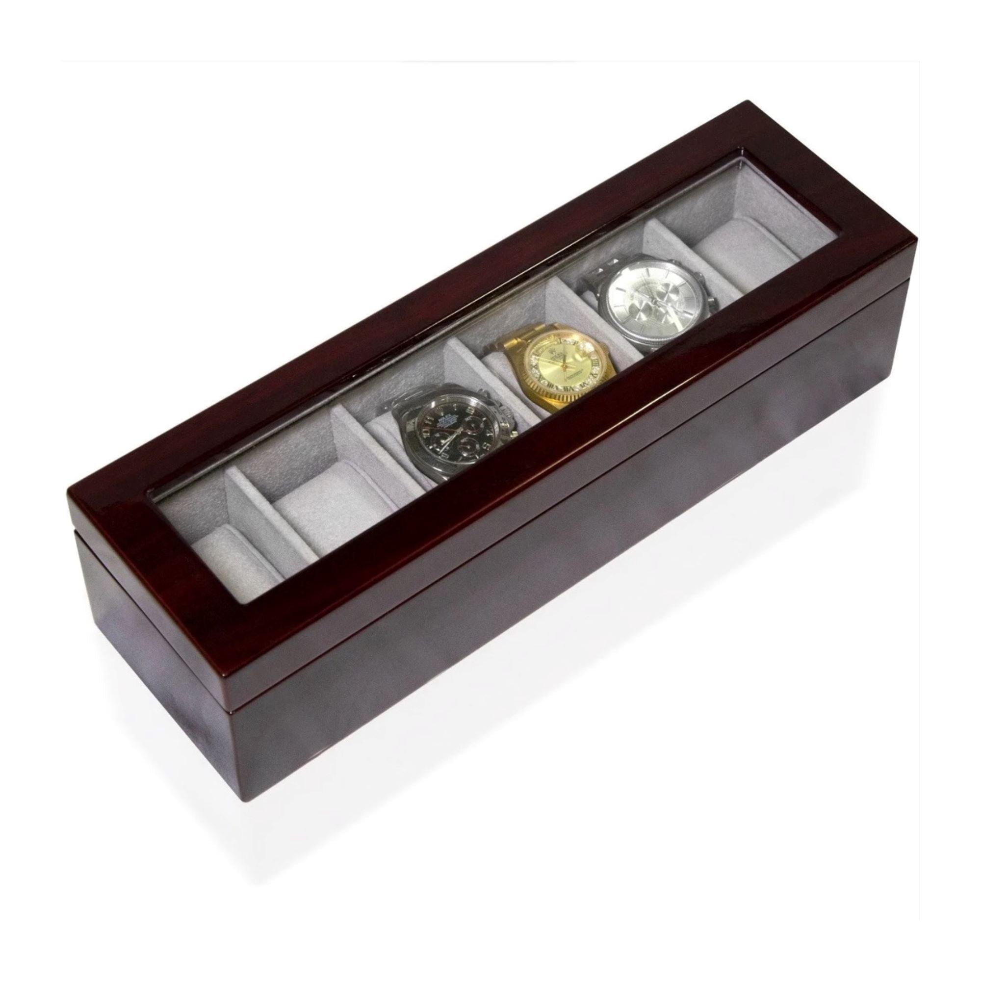 Seconds - Long Watch Box with Glass Top 6 Compartments in Mahogany (a) Seconds Clinks 