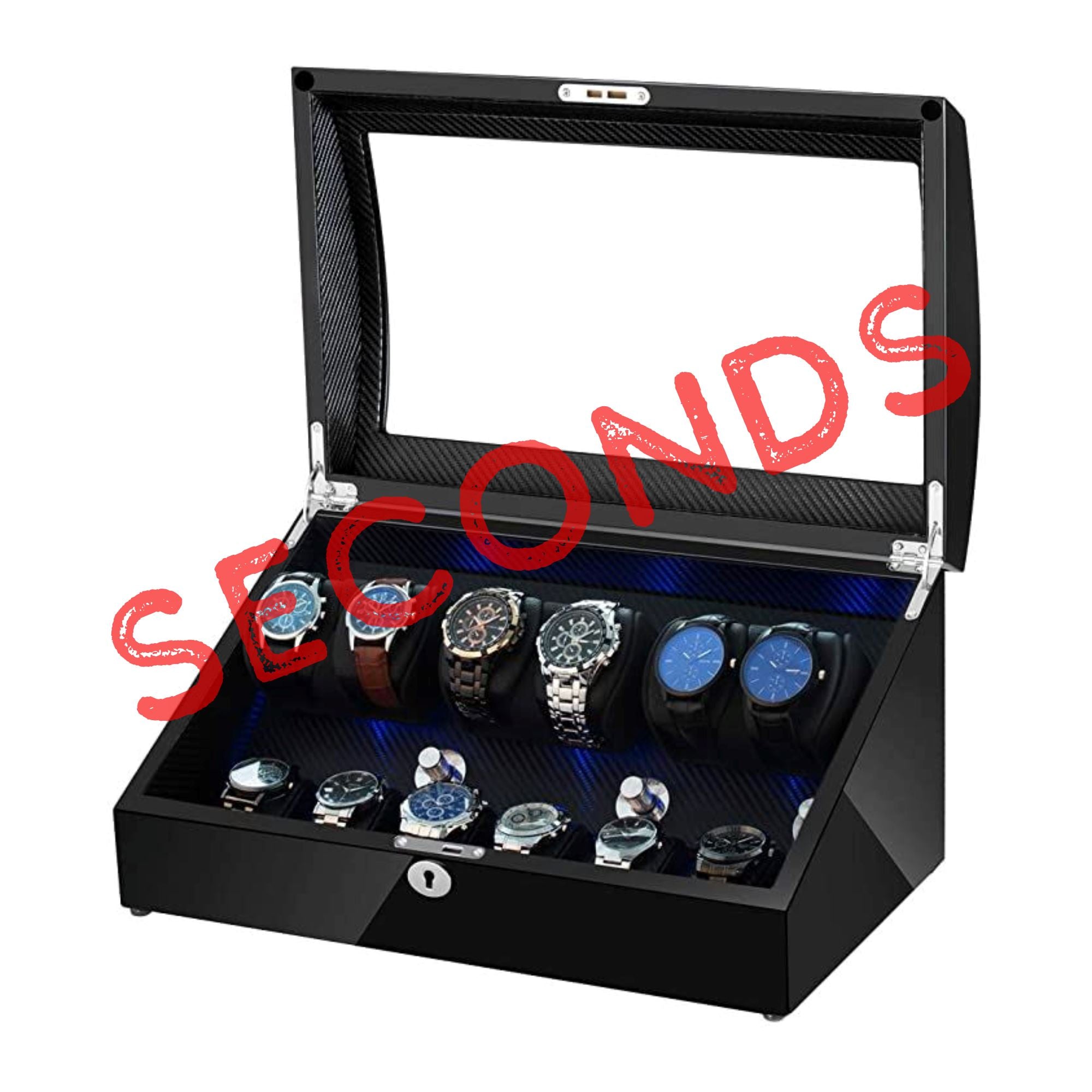 Seconds - Avoca Watch Winder Box 6 + 6 Watches in Black with Carbon Fibre Interior (b) Seconds Clinks 