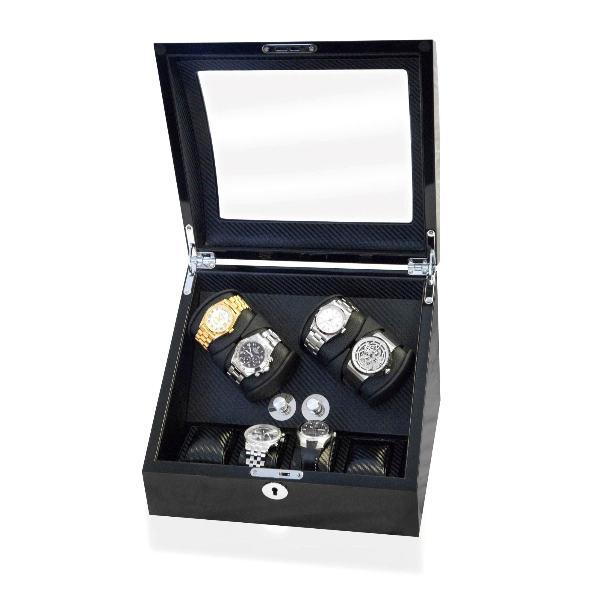 Seconds - Avoca Watch Winder Box 4 + 4 Watches in Black - Carbon Fibre Interior (b) Seconds Clinks 