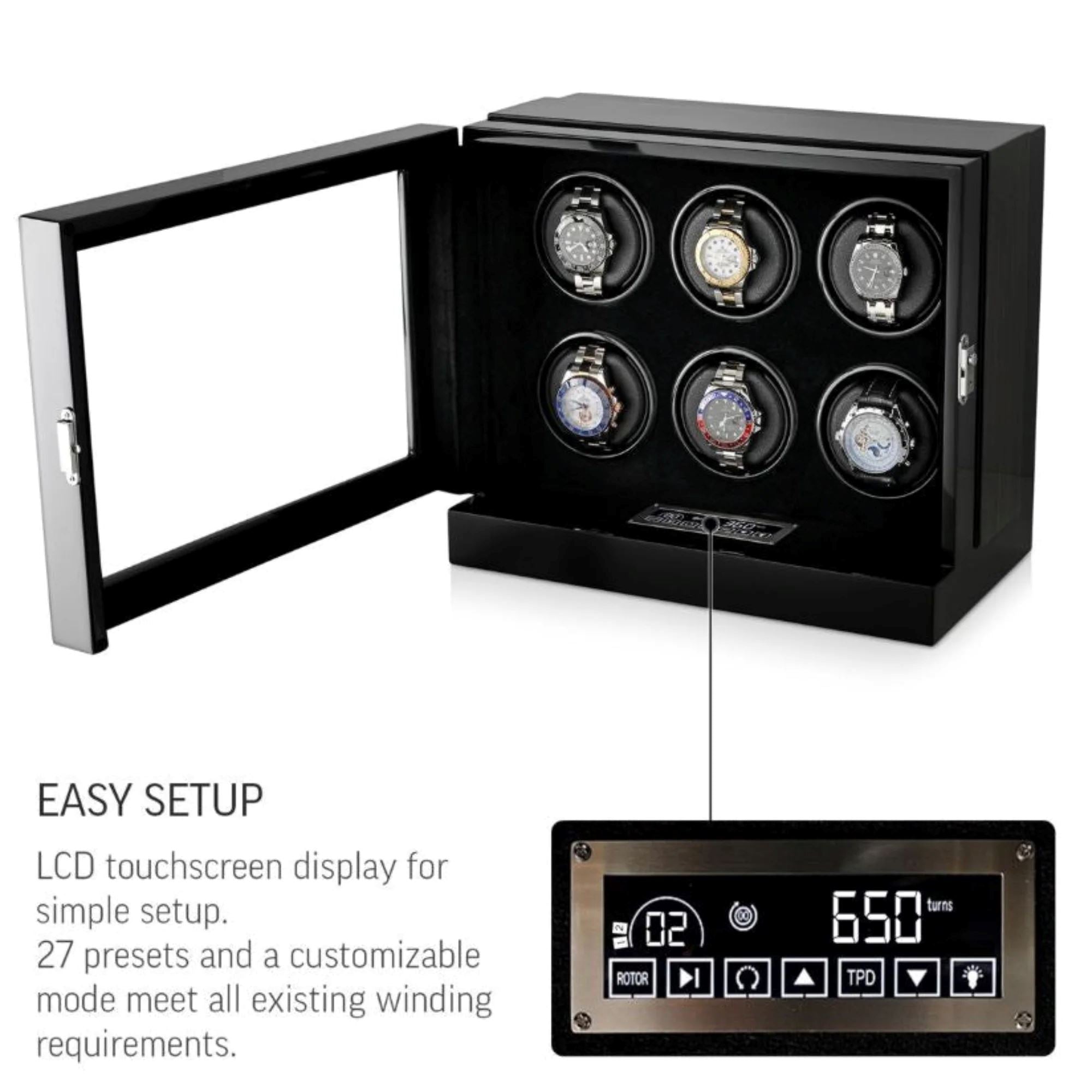Seconds - Sydney Watch Winder Box for 6 Watches in Black (b) Seconds Clinks 