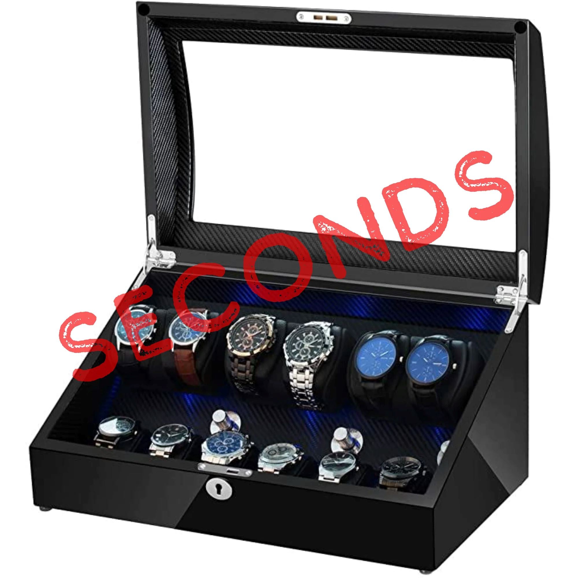 Seconds - Avoca Watch Winder Box 6 + 6 Watches in Black with Carbon Fibre Interior (e) Seconds Clinks 