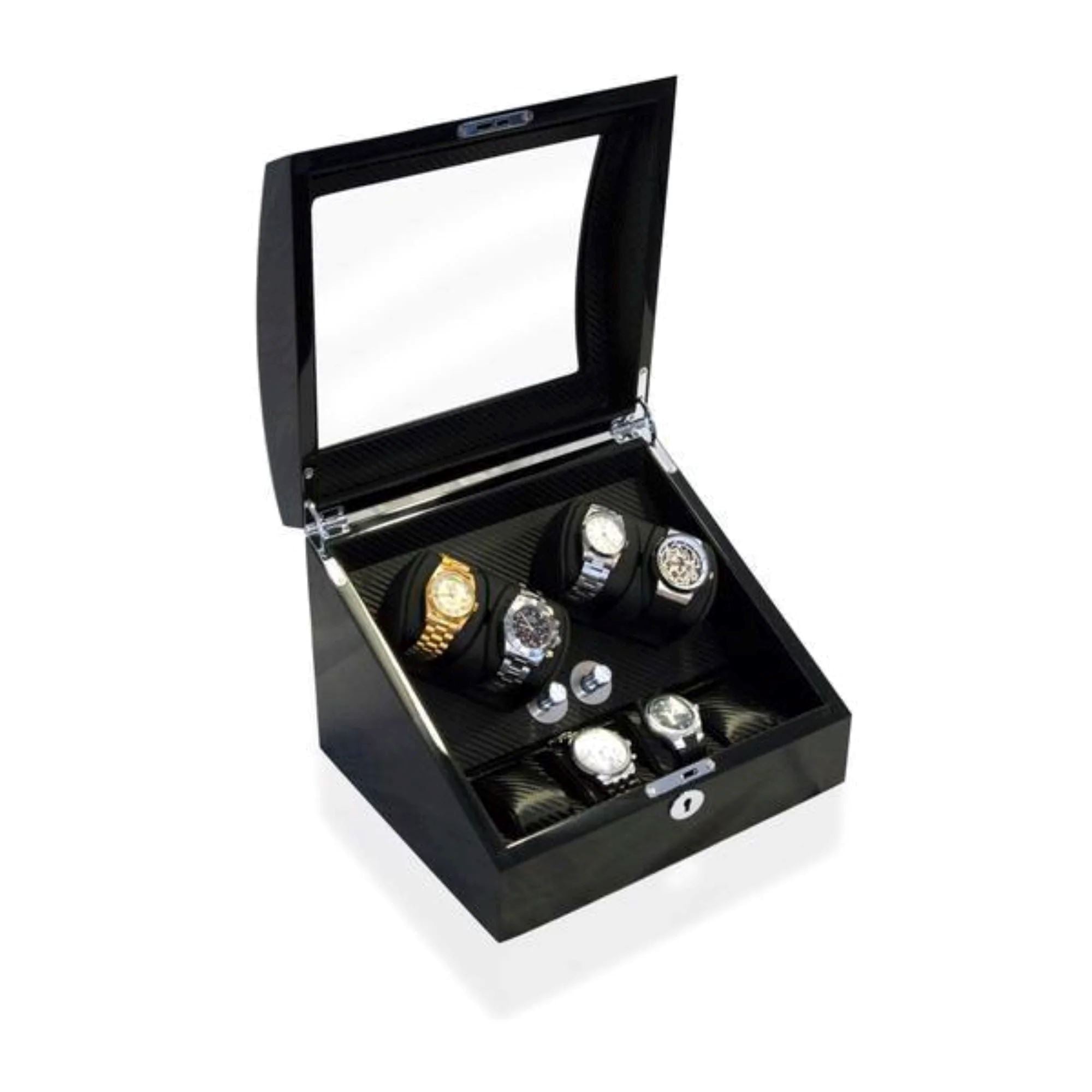 Seconds - Avoca Watch Winder Box 4 + 4 Watches in Black - Carbon Fibre Interior (d) Seconds Clinks 