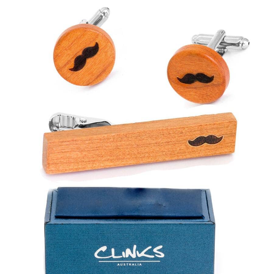 Wood Moustache Cufflinks & Tie Clip Set Gift Set Clinks Australia 