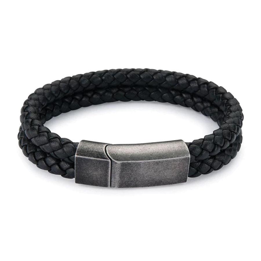 Double Black Leather Weave Bracelet - Aged Steel Clasp Bracelet Clinks Australia Default 