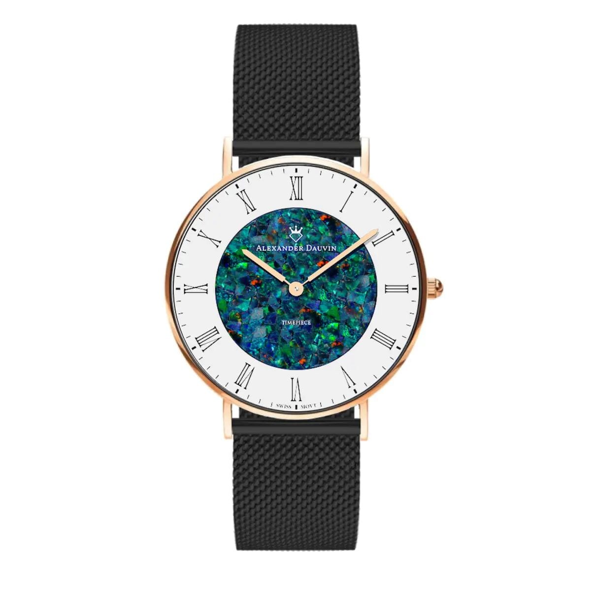 Romano Cliff Red Swiss Opal Watch 36MM with Rose Gold Case and Black Mesh Strap Watches Clinks 